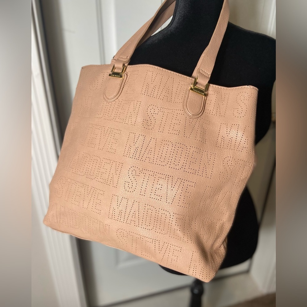 Steve Madden~Neutral~Nude~Soft~Perforated Logo~Tote Bag~Synthetic~Gold Hardware
